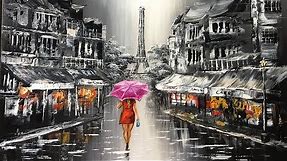 Lady with red umbrella walking on the street of Paris Acryliic Painting - Full version