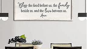 Bless the Food Before Us Sign Wall Decor 40"X15" Large Farmhouse Dining Room Wall Decor Framed Wood Rustic Home Wall Art Kitchen Decoration (White)
