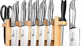 SYOKAMI Knife Block Set, 14 Pieces Japanese Style Knife Set With Magnetic Holder, High Carbon Stainless Steel Ultra Sharp Knives With Ergonomic Handle, Including Sharpener And Shears, Black Dot