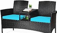 Tangkula Wicker Patio Conversation Furniture Set, Outdoor Furniture Set with Removable Cushions & Table, Tempered Glass Top, Modern Rattan Bench for Garden Lawn Backyard