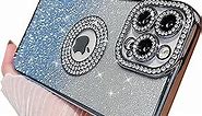MINSCOSE Compatible with iPhone 12 Pro Max Glitter Case,Luxury Cute Sparkle Diamond Design with Bling Camera Protection Plating Logo View,Aesthetic Shockproof Bumper for Women Girls Phone Cover-Blue