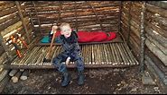 Bushcraft Log Cabin Build - 8 Days Winter Camping & Cooking in Primitive Shelter