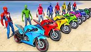 SPIDERMAN TEAM Motorbikes RACING Challenge on Beach Mega Ramp Spiderman Army Motos Race - GTA 5