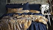 MorroMorn Gold Duvet Cover Queen Size, Hippie Bohemian Bedding Sets Yellow Navy, 3 Pieces - 1 Comforter Covers with Zipper Closure 2 Pillowcases, Vintage Retro Soft (Golden Palace, Full/Queen)