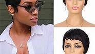 Glueless Wear and Go Wig Pixie Cut Human Hair Wigs for Black Women None Lace Front Wig Short Pixie Cut Layered Wigs with Bangs for Daily Wear (Black)