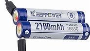 Keeppower Protected 16650 Li-ion Battery P1621U USB Rechargeable 3.6V 2100mAh 7.56Wh Flashlight Battery Included with a 2-in-1 Charging Cable (2 Pack)