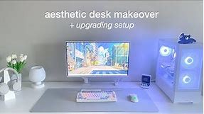 aesthetic desk makeover + setup upgrades | new monitor arm, ikea desk, headphone stand