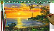 Acrylic Landscape Painting Tutorial Tropical Sunset with Boat on Lake and Palm Trees