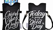 Men Women Neoprene Phone Sleeve Pouch Case Bag with Crossbody Strap/Neck Lanyard for iPhone 15/14 Pro Max, 15/14 Plus, Samsung S24+, S23, A54, Z Fold5, Google Pixel 8 (Good Vibes Only)