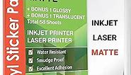Premium Printable Vinyl Sticker Paper for Inkjet & Laser Printer - 56 Sheets Self-Adhesive Sheets Matte White Waterproof, Dries Quickly Vivid Colors, Holds Ink Well - Tear Resistant