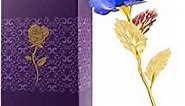 24K Golden Rose, 24K Foil Artificial Rose Plastic Long Stem Rose, Gold Dipped Plated Rose Fake Flower with Gift Box, Unique Gift for Valentines Day Birthday Anniversary Day for Girlfriend Wife - Blue
