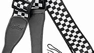 Guitar Strap, Bass Guitar Strap, Electric and Acoustic Guitar Straps - Durable Nylon Checkered Guitar Shoulder Strap with Leather Ends (Black and White Checkered)