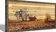 Farmhouse Wall Art Framed Picture: Large Country Farm Landscape Scene Wood Painting Decor Rustic Long Farmhouse Barn Old Cabin Print Horizontal Big Sunset Nature Countryside View Artwork for Living Room Bedroom