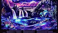 Blacklight Galaxy Tapestry Trippy Planet Tapestry UV Reactive Waterfall Landscape Tapestry Fantasy Mountain Wave Wall Tapestry Mysterious Neon Plants Wall Hanging for Room