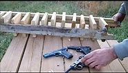 Handgun wood penetration test, .25acp vs .32acp vs .380acp vs 9mm Luger vs .45 Colt