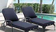 Villeston Chaise Lounge Chair Outdoor- Set of 2 Patio Pool Chairs Tanning Lounges for Outside Beach Lounger Reclining Cast Aluminum with Navy Cushions