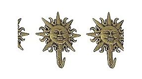 Set of 3 Vintage Sun-Face Cast Iron Decorative Wall Hooks in Antique Gold Finish - Elegant Towel or Coat Hanger Rack for Home Decor - 5.75 Inches High