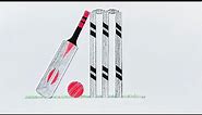 How To Draw Cricket Bat , Ball , Stumps Step By Step ||Cricket set drawing ||