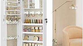 SONGMICS Jewelry Organizer, LED Jewelry Cabinet Wall or Door Mounted, Lockable Rounded Wide Mirror with Storage, Interior Mirror, 3.9 x 16.5 x 42.5 Inches, White Surface with Greige Lining UJJC026W01