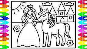 How to Draw a Princess and Unicorn for Kids 👑🦄💜💚💛💗 Mermaid and Unicorn Drawing and Coloring Pages