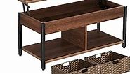 Rolanstar Lift Top Coffee Table with Hidden Storage Compartment and 2 Rattan Baskets, 41.7" Retro Central Table with Wooden Lift Tabletop and Metal Frame for Living Room, Espresso