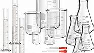 Frienda 20 Pcs Lab Glassware Include 4 Graduated Cylinder Set, 4 Glass Beaker Set, 3 Glass Dropper, 4 Stirring Rod, 5 Measuring Cups for Laboratory Equipment Science Chemistry Supplies