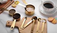 GuDoQi Measuring Cups and Spoons Set of 9, Stainless Steel Handle with Metric and US Measurements, Golden Polished Finish, Dry & Liquid Ingredient Measuring Cup for Cooking and Baking