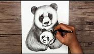 How to draw a panda and its baby step by step | Realistic animal drawing tutorial