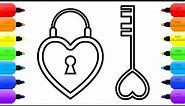 Heart Lock and Key Coloring Pages for Kids | How to Draw Lock and Key for Children | Learn Colors
