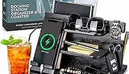 Wood Phone Docking Station For Men-Laptop, Tablet Holder and Coaster! Black Wood Tray, Bedside Caddy Nightstand Organizer, Entryway Organizer Key Tray, Desk Organizer. Valet Tray for Men, Husband Gift