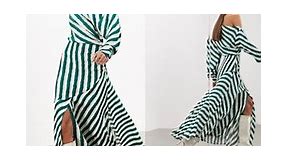 ASOS EDITION fallen shoulder midaxi dress in green stripe | ASOS