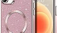 Hython for iPhone 12 Case Glitter, Clear Magnetic Phone Cases with Camera Lens Protector [Compatible with MagSafe] Bling Sparkle Plating Soft TPU Slim Shockproof Protective Cover Women Girls, Pink