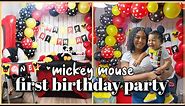 1st birthday party mickey mouse theme! // party decorating, balloon arc + more