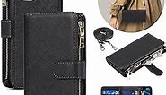 iCoverCase Crossbody Wallet Case for iPhone 12 Mini, iPhone 12 Mini Case with Strap and Card Holder, Zipper Purse Lanyard PU Leather Card Slots [Not Detachable] Flip Cover Case 5.4 Inch (Black)