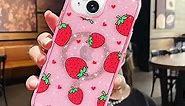 MZELQ for iPhone 15 Case Strawberry Bling Glitter Cute Pattern, Magnetic [Support for Magsafe] Cute Crystal Clear Case for Girls Women + 1* Screen Protector, Full Body Protection Cover -Pink