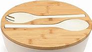 Large Salad Bowl with Lid, Bamboo Fiber Salad Serving Bowl Set with Utensils, 9.8inches Mixing Bowl with Servers, Solid Bamboo Wooden Bowl for Salad, Fruits, Vegetables and Pasta(White)