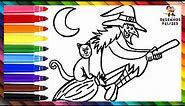 Desenhar e Colorir uma Bruxa 🧙‍♀️🧹🖤😾🌙 Desenhos para Crianças