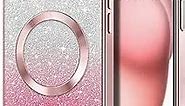 Hython for iPhone 15 Plus Case Clear Magnetic Glitter Phone Cases [Compatible with MagSafe] Full Camera Lens Protector Slim Gradient Sparkle Luxury Plating Shockproof Protective Cover Women, Pink