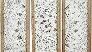 Carved Wood Wall Art Decor, 23.6 inch Hand Carving on Wood, Antique Distressed White Wood Panels Wall Art Decorative Sculpture Hanging Wall Décor, Elegant Wood Wall Art Plaque (3 Panels)