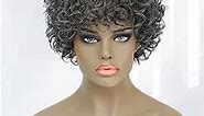 Salt And Pepper Short Curly Gray Wigs for Black Women, Sassy Pixie Cut Human Hair Wig With Bangs, Indian Remy Kinky Curly Hair Wig Mixed Black And Grey Dark Color Silver Short Grey Wigs