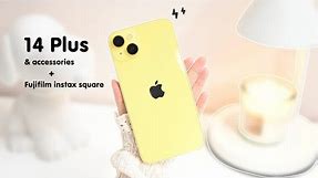 iPhone 14 Plus Yellow Unboxing 🌼 aesthetic setup | cute accessories | Instax Square | Genshin Impact