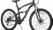 Hiland Full Suspension Mens Mountain Bike, Shimano 21 Speed, 26 Inch Wheel, Dual Disc Brake Bike for Men Womens Adult Bicycle