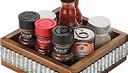 MyGift Rustic Burnt Wood Spice Rack Turntable, Lazy Susan Seasoning and Condiment Holder Spinning Rack, Tabletop Revolving Serving Tray with Corrugated Galvanized Metal Accent