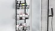 Orimade Over the Door Shower Caddy Adjustable 5 Tier Black,Bathroom Hanging Organizer Shelf Rustproof with 4 Hooks,Shower Basket with Soap Holder and Suction Cup