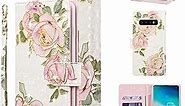 UEEBAI Wallet Case for Samsung Galaxy S10 Plus, PU Leather Phone Case Kickstand RFID Blocking Flip Case with Card Slots Wrist Strap Relief Engraved Pattern Magnetic Closure Folio Case - White Rose