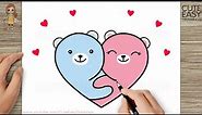 How to Draw a Cute Hugging Teddies - Happy Valentine's Day 💞