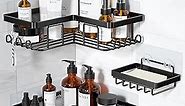 YASONIC Corner Adhesive Shower Caddy, with Soap Holder and 12 Hooks, Rustproof Stainless Steel Bathroom Organizer, No Drilling Wall Mounted Rack, Black, 3-Pack
