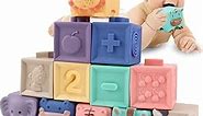KLT Baby Blocks 12 Pcs: Soft Stacking Building Blocks Baby Toys with Numbers Animals Shapes for Baby Boys Girls 0-6-12-18 Months, Montessori Infant Teether Toy Sensory Toys-Newborn Baby Bath Toy