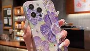 for iPhone 15 Pro Max Case Cute with Wrist Strap Kickstand Glitter Bling Cartoon IMD Silicone TPU Shockproof Protective Phone Cases Cover for Girls and Women - Purple Flower