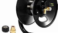 M MINGLE Pressure Washer Hose Reel 100ft, Heavy Duty Steel Hose Reel, Manual Crank Power Washer Hose Reel with Swivel Arm, 3/8" NPT Outlet Pipe, 4000 PSI
